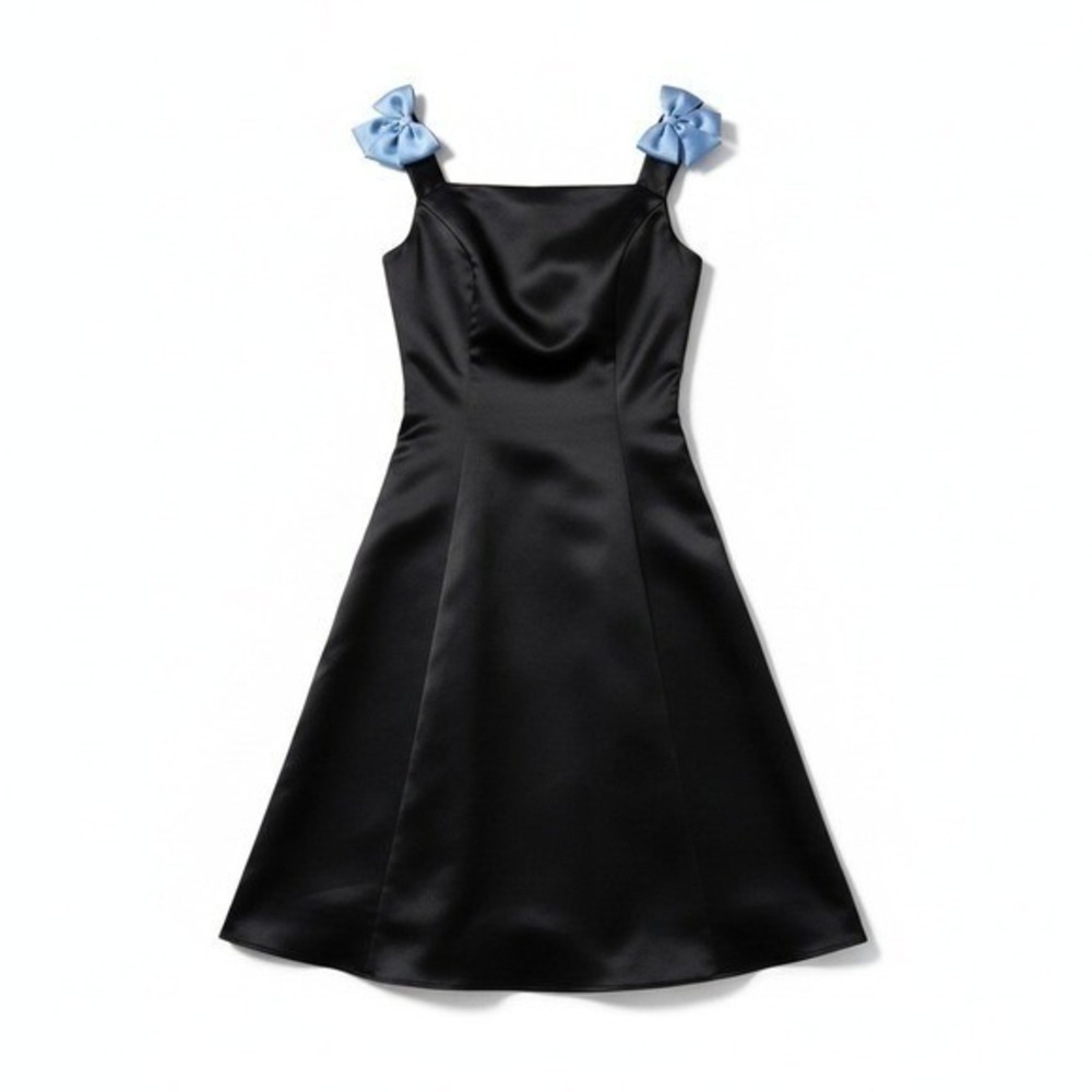 Jessica McClintock Gunne Sax Dress 3 Black Blue Bow Satin Midi Coquette